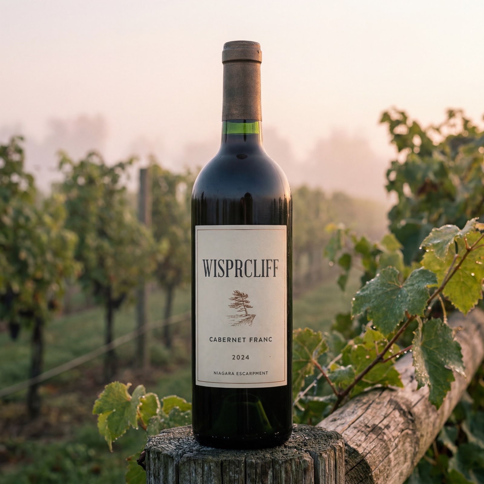 WisprCliff bottle in the vineyard at dawn
